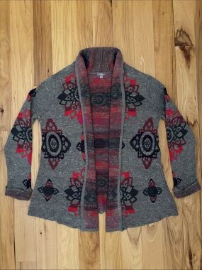 J JILL | Aztec Southwestern Print Open-Front Boho Cardigan Sweater | Size L
